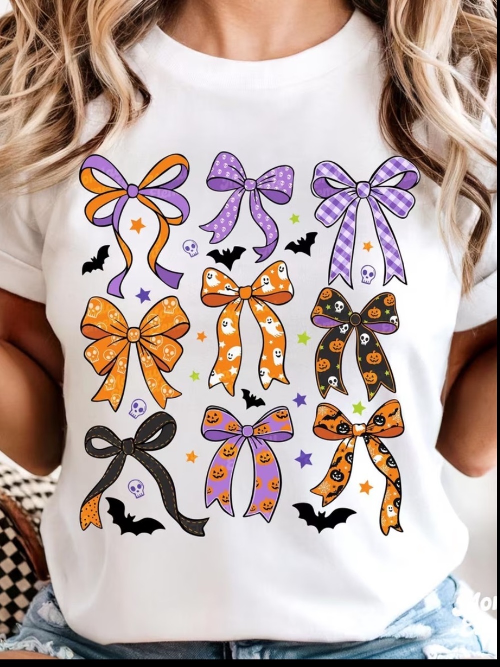 Halloween Bow Print Tee in White with Orange, Purple & Black Bows